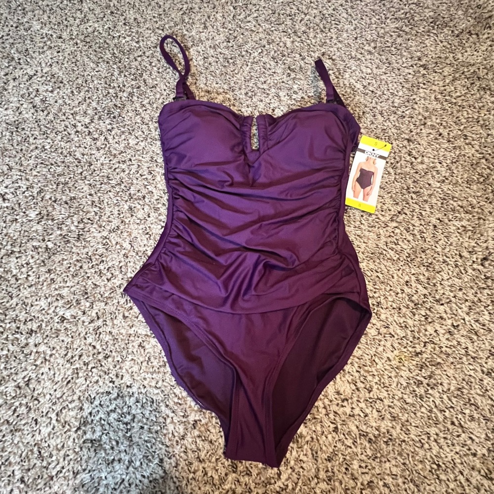 DKNY Womens Plum Purple Ruched One Piece‎ Swimsuit Size S Removable Straps New